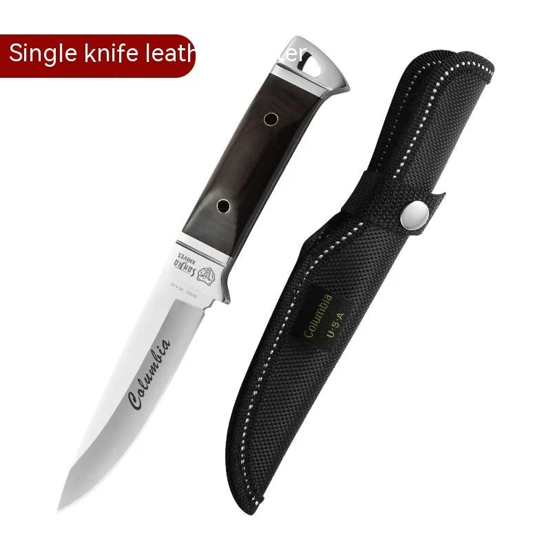 Stainless steel camping fruit knife with a leather protective case.