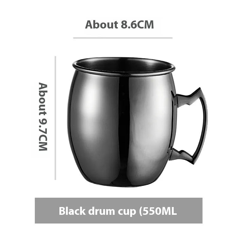 Copper plated stainless steel Moscow Mule mug in hammered and smooth styles, shown in silver, gold, rose gold, and black.