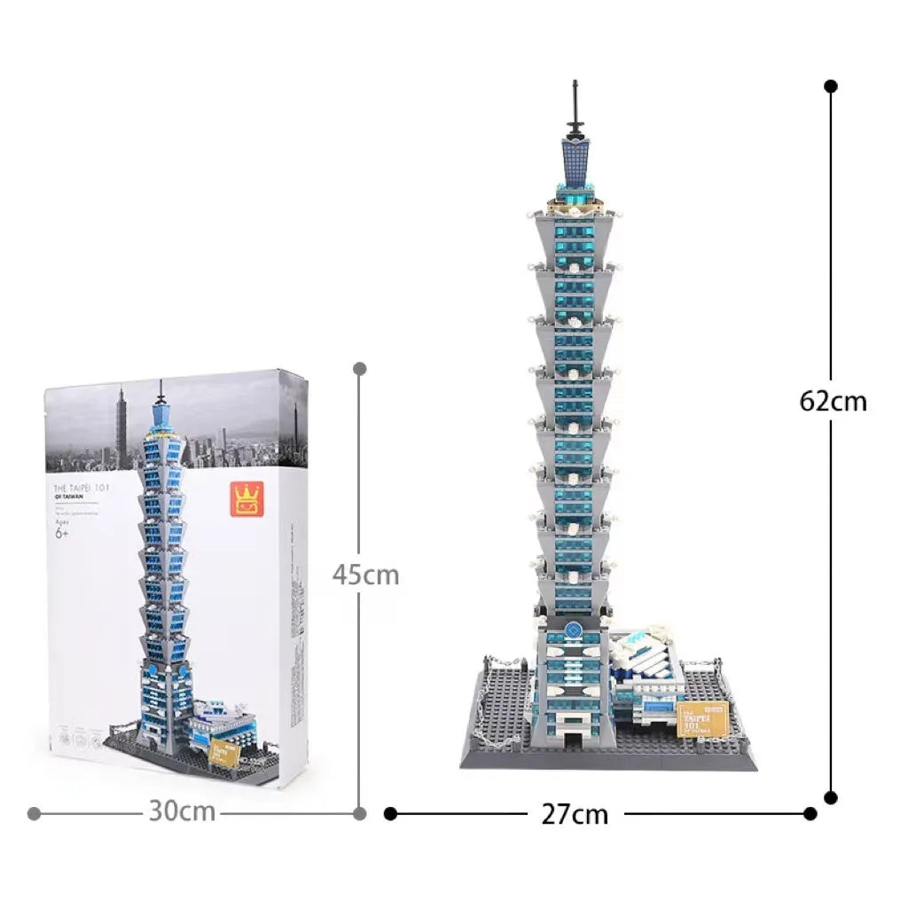 Wange building block set showing over 800 small ABS plastic pieces for constructing global landmark models.