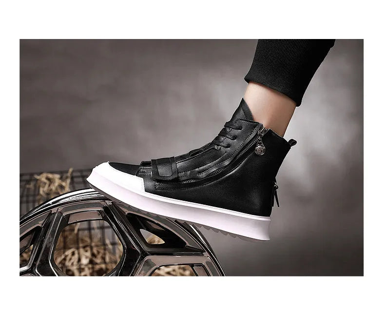 Men's black and white PU leather winter ankle boots in high-top sneaker style showing size range