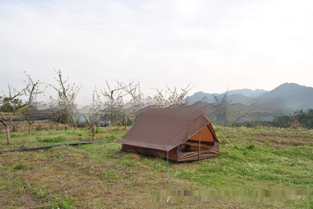 Brown or white A-line pole-free cabin tent for 2-3 people with hiking cane support