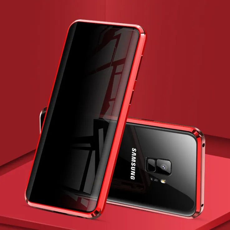 Black anti-peeping magnetic clamshell phone case for Samsung Galaxy phone, showing closed design.