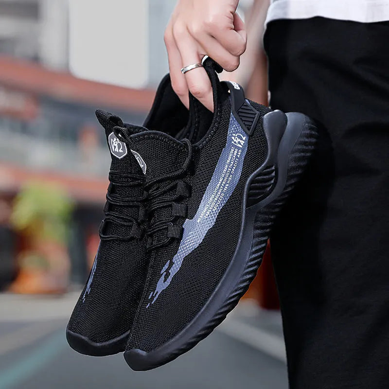 Men's lightweight breathable mesh walking shoes with thick sole in black colour