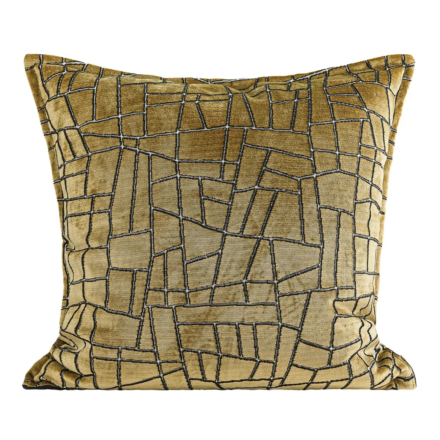 Tuhao gold geometric abstract pattern on a square decorative cushion with tassel detail.