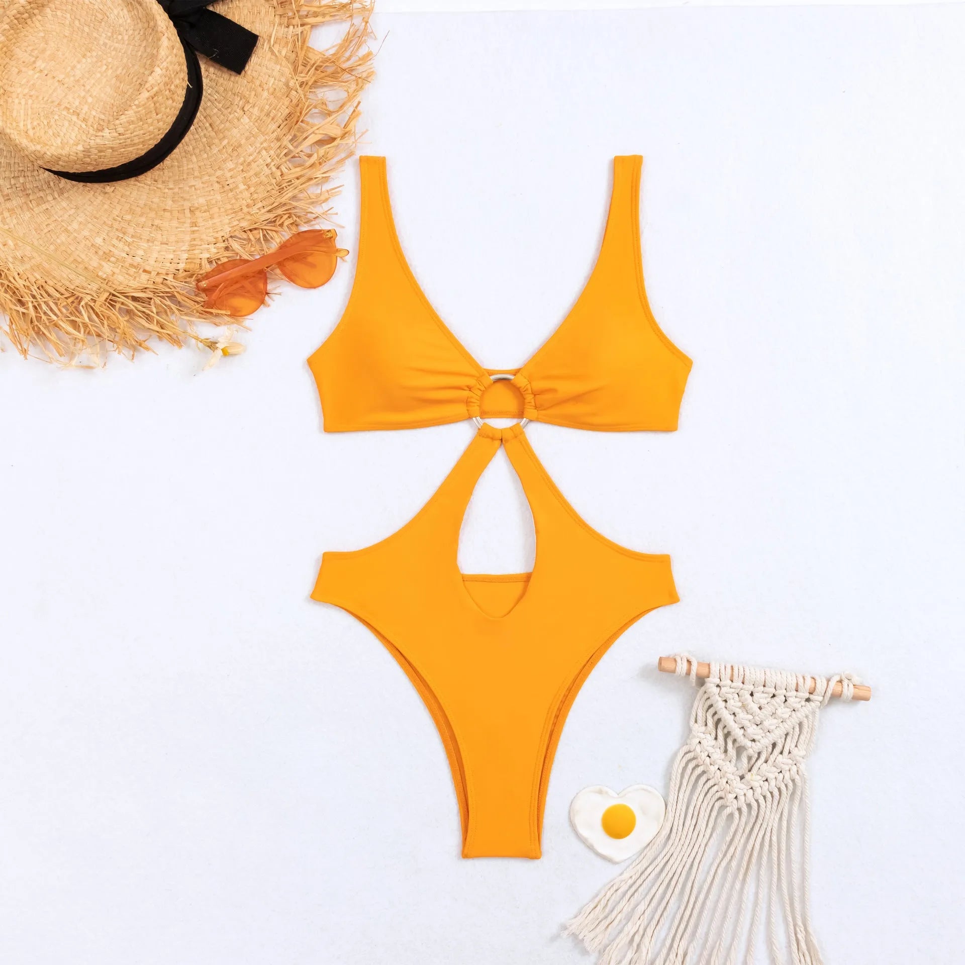 Women's triangle one-piece swimsuit in stretch nylon fabric with sleeveless design