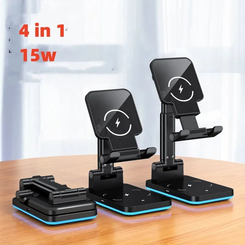 Black wireless charging phone desk stand holding a mobile phone at an angle.
