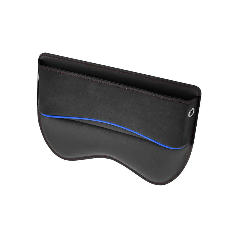 Leather car seat storage box in available colours mounted on vehicle passenger seat