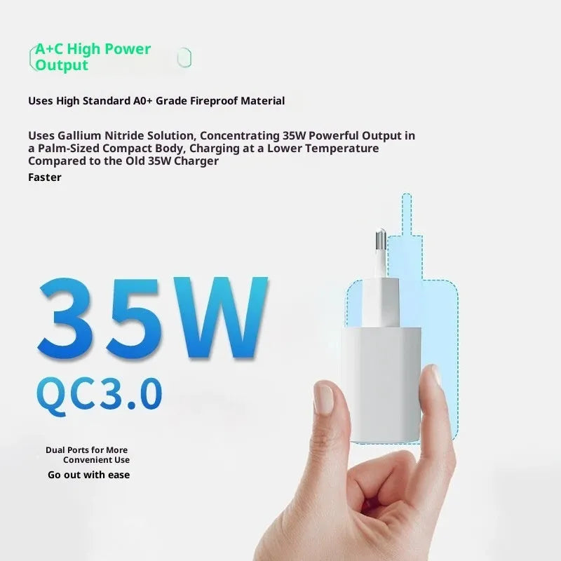 35W European standard multi-port USB charger in black with Type-C and USB-A ports on a white background
