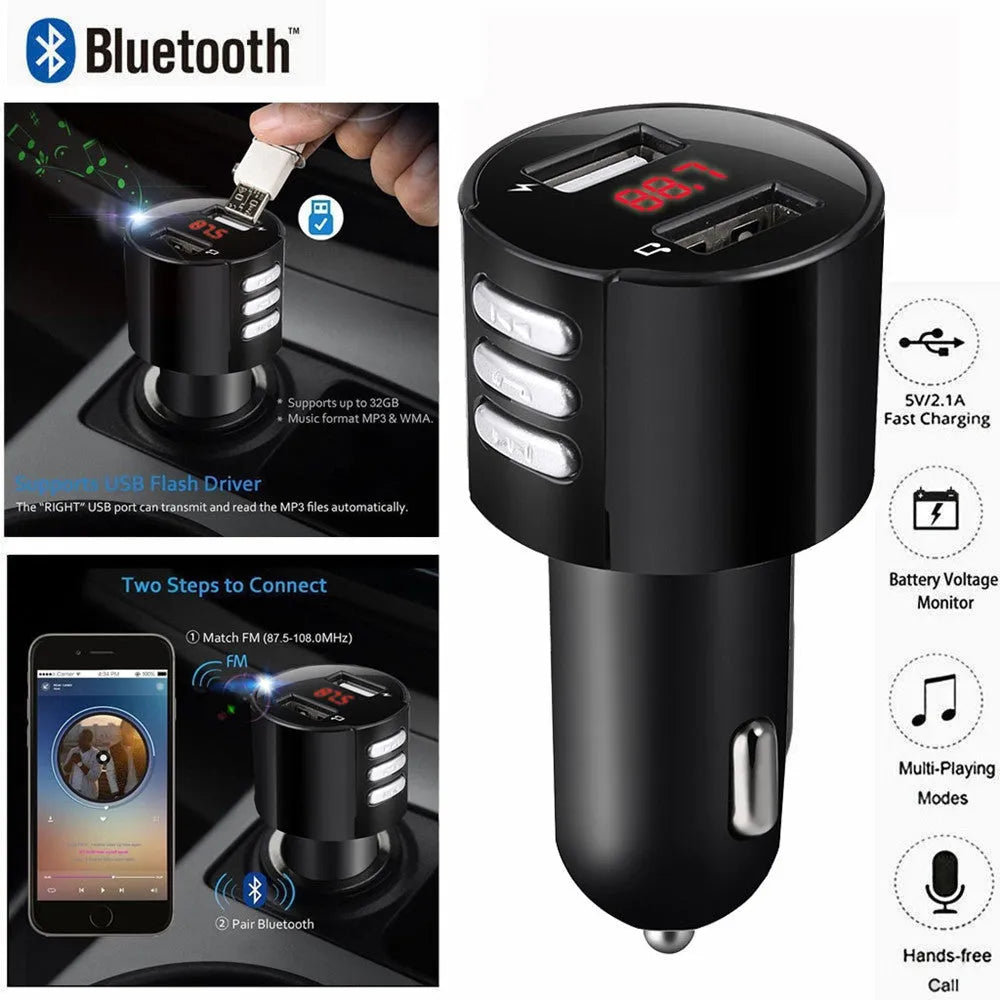 Car Bluetooth hands-free FM transmitter black with 1.2-inch monochrome screen and USB TF interfaces for MP3 playback