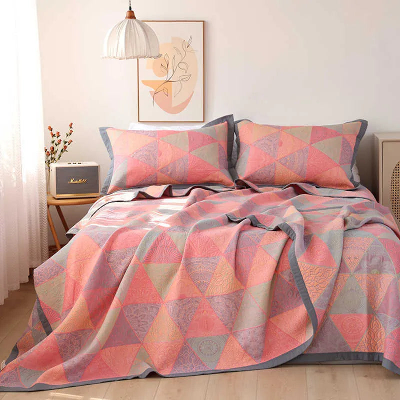 Cotton gauze three-piece bedding set with botanical plant and flower patterns including blanket and two pillowcases
