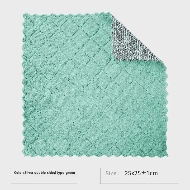 Microfiber kitchen cleaning cloth for pots and bowls in silver wire or composite construction