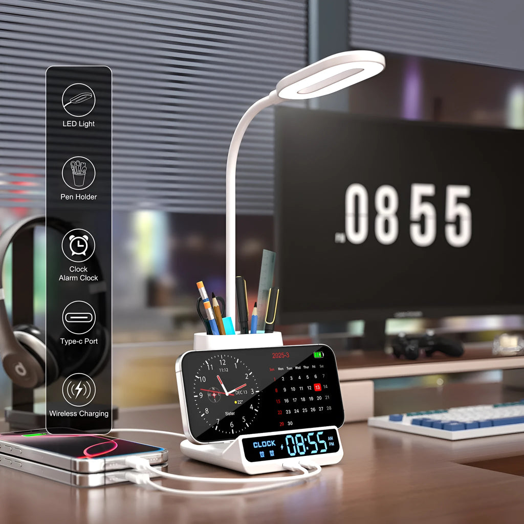 Wireless charging lamp with pen holder storage compartments in black modern design