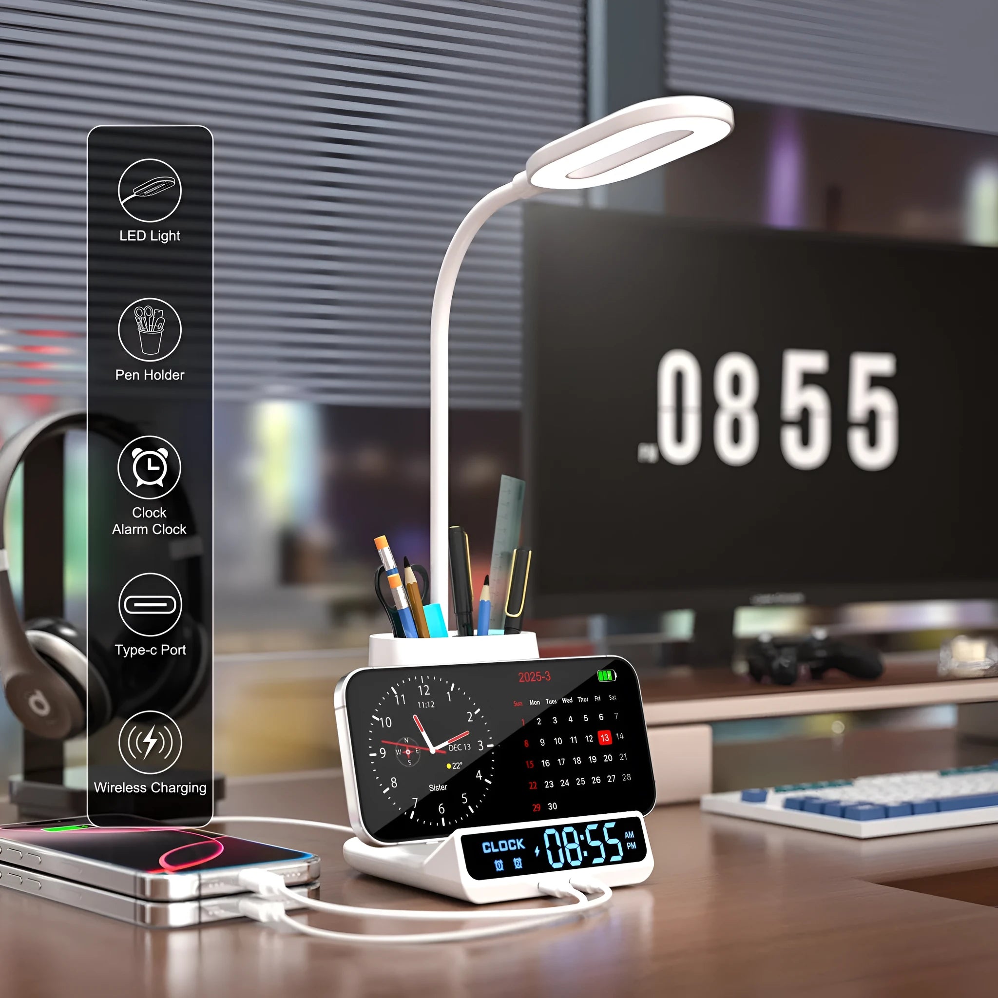 Wireless charging lamp with pen holder storage compartments in black modern design