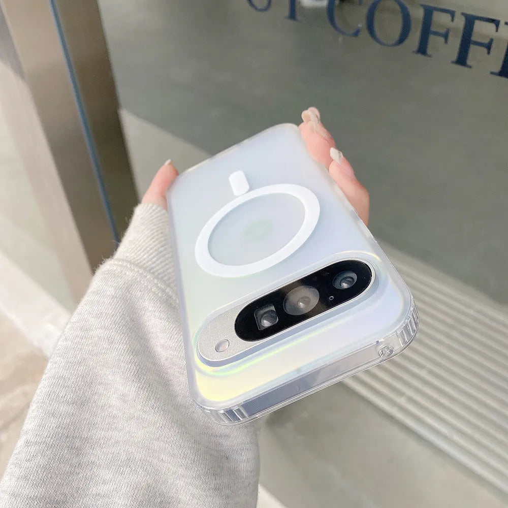 Transparent laser frosted matte phone case for Google models with magnetic feature.