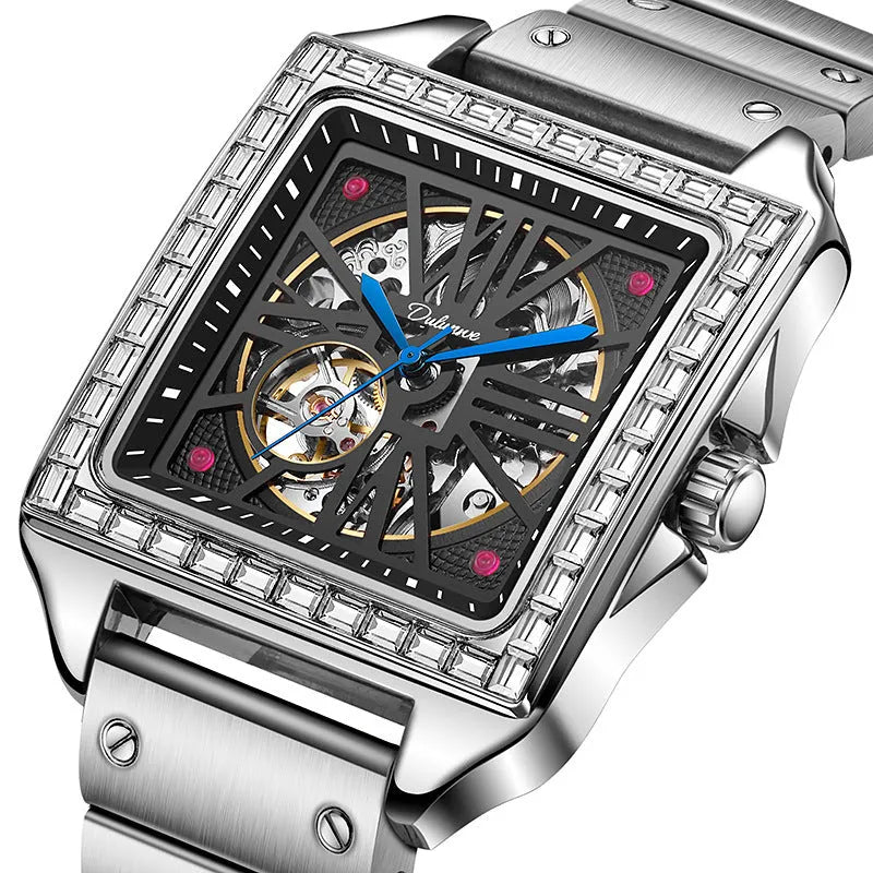 Men's square automatic watch with a diamond-studded dial on a black steel bracelet.
