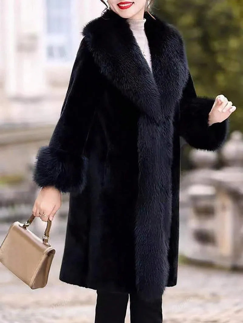 Women's thick grey faux rabbit fur coat with matching collar, mid-length cut