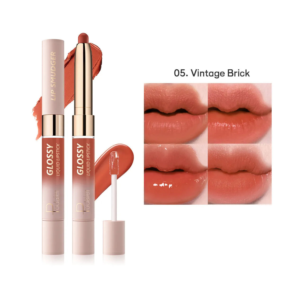Double-headed lipstick and lip gloss set showing matte finish, available in ten different colour options.