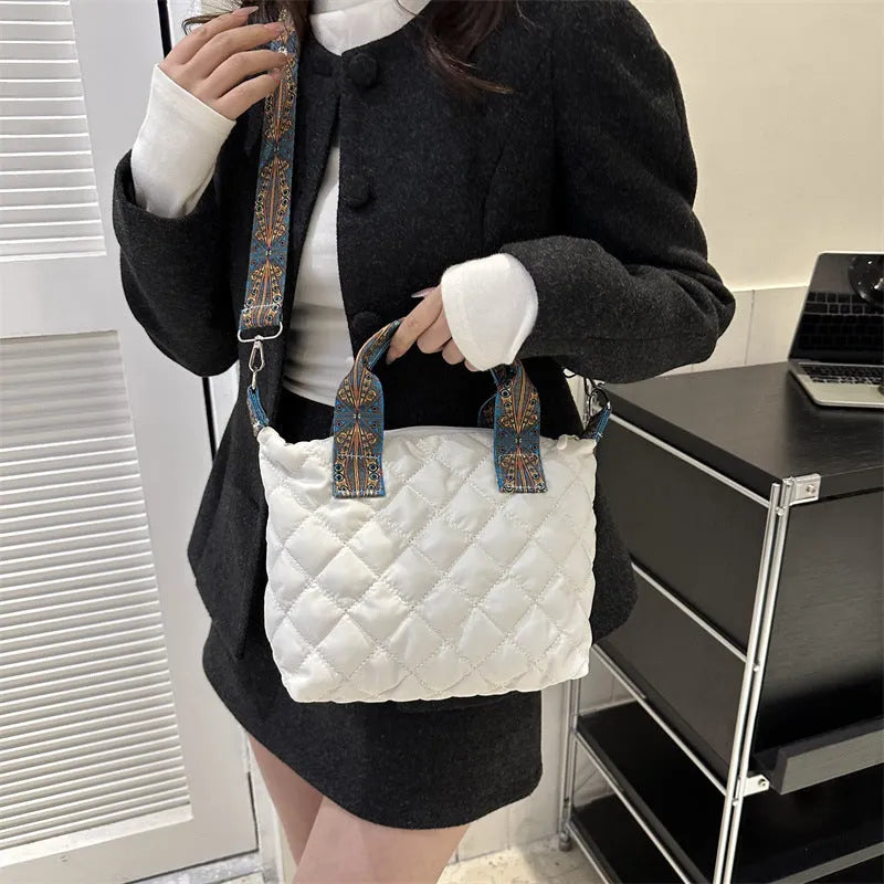 Oxford cloth shoulder messenger bag in horizontal square shape with sandwich pocket and single strap