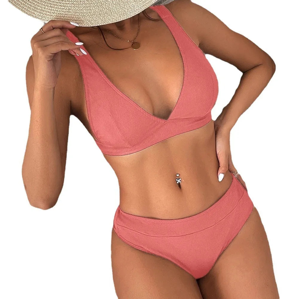 Women's rib lace-up split bikini swimsuit set in multiple colours with various style options