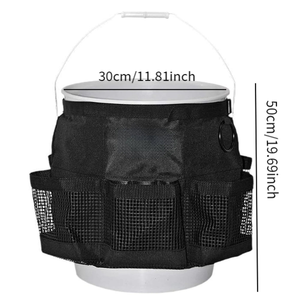 Black cylindrical polyester storage bag hanging from 5 gallon barrel for tool organisation