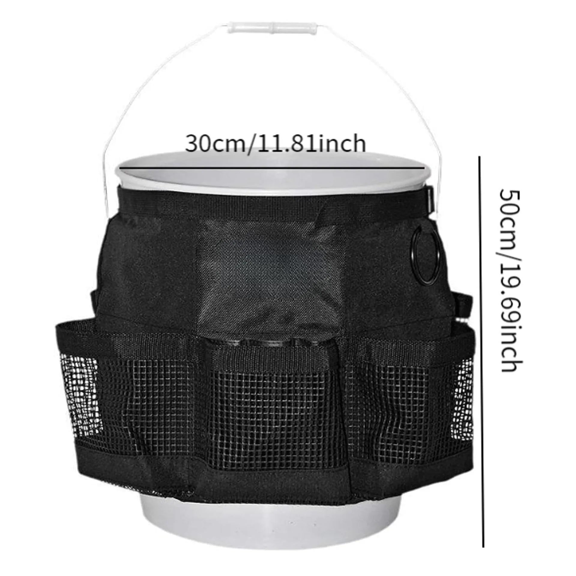 Black cylindrical polyester storage bag hanging from 5 gallon barrel for tool organisation