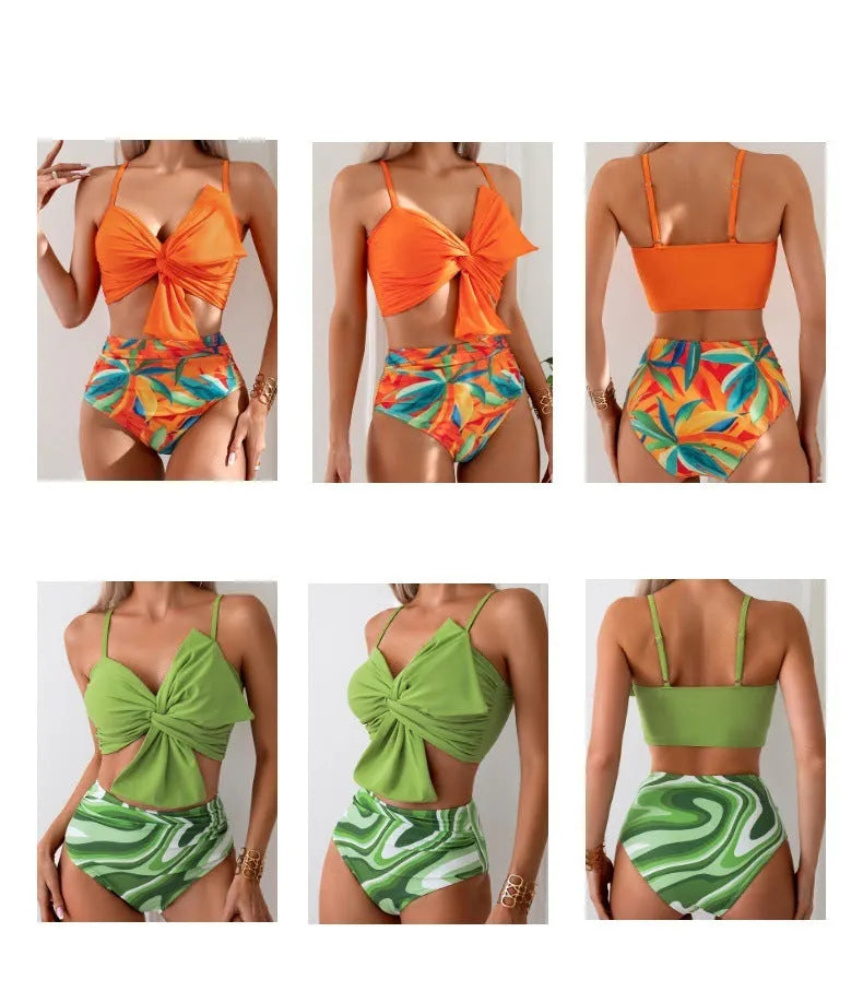 Women's big bow bikini print swim trunks set in orange with nylon fabric, front view