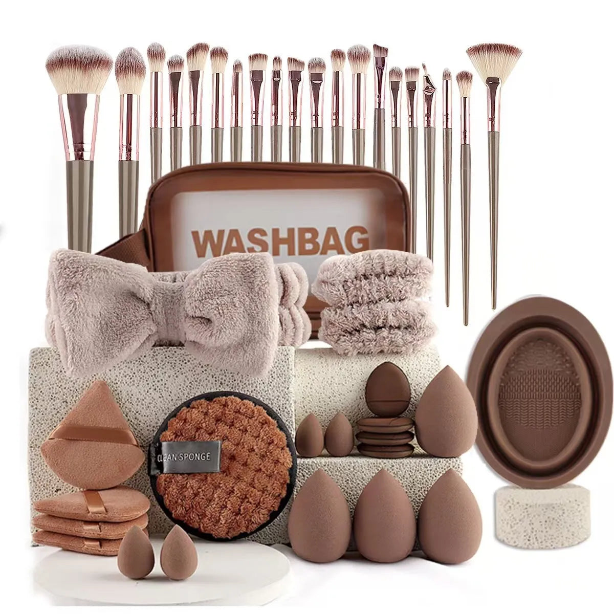 40-piece makeup brush set with hydrophilic non-latex bristles in brown, pink, and purple colour options