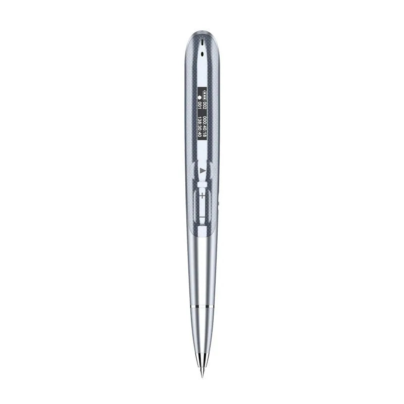 Black and silver lossless recording pen with OLED display screen on a zinc alloy pen-shaped body.