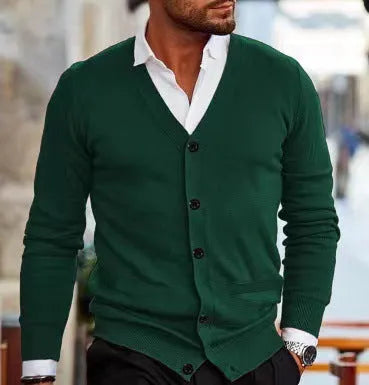 Men's slim fit acrylic cardigan sweater in dark grey, shown as a casual autumn winter layer.
