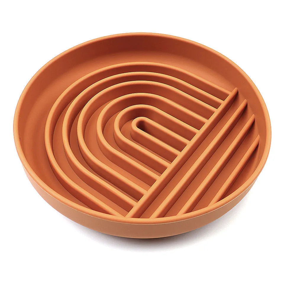 Silicone slow feeder dog bowl with ridges, shown in mustard green colour