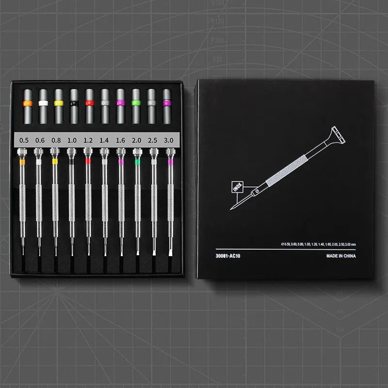 Precision manual screwdriver set for watch and glasses repair with 10 drivers and 20 spare bits