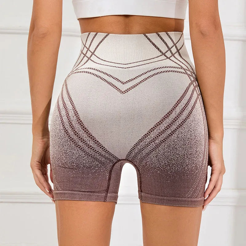 Women's high waisted gradient fitness shorts in black or brown for yoga and running