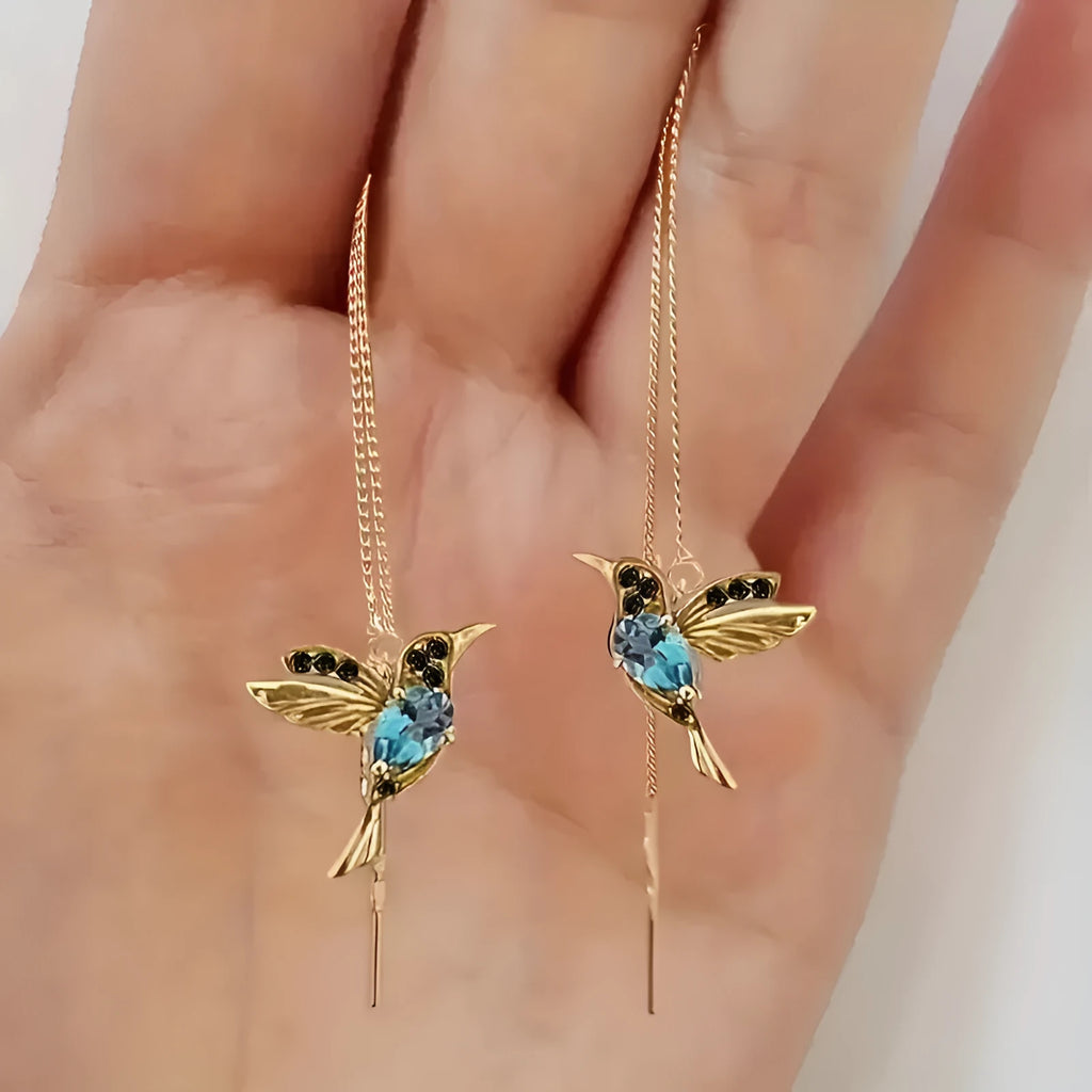 Personalised long bird hanging earrings with mixed zirconium wings in red, blue, and red lvzuan colour options
