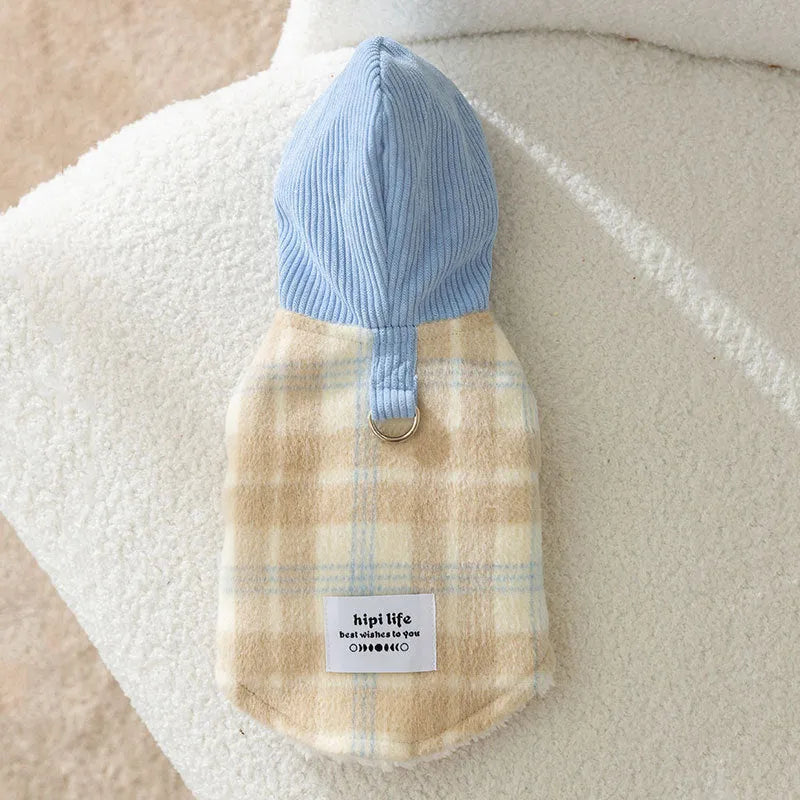 Blue hooded chessboard grid corduroy dog vest with traction styling for autumn winter wear