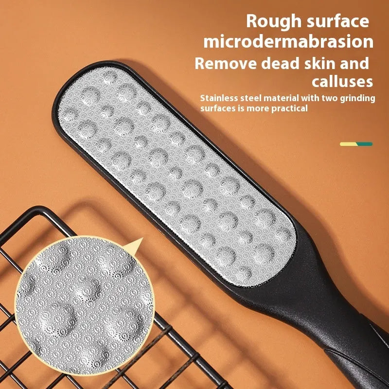Stainless steel foot grinder tool with double-sided sandpaper files in white and black OPP bags