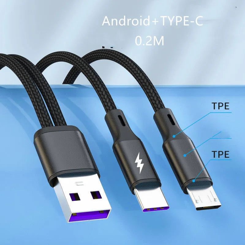 Black braided two-in-one charging cable with two Android Micro USB connectors for simultaneous device charging