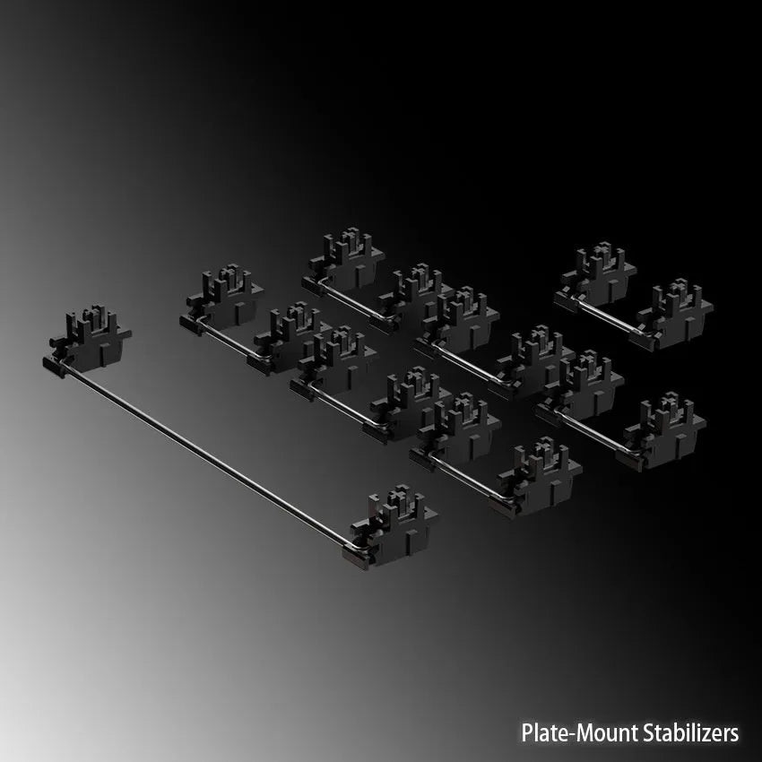 Keyboard stabiliser accessory kit showing 6.25U and 7U satellite axes with 4.3-inch bar in Black or Milky White