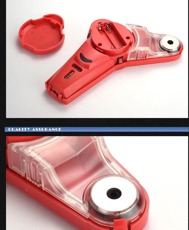 Red portable infrared laser level with integrated punching tip for woodworking.