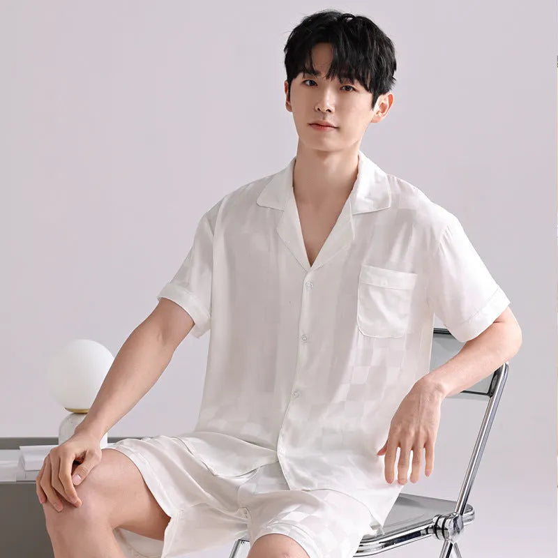 Men's ice silk cardigan and shorts pyjama set with satin jacquard pattern options
