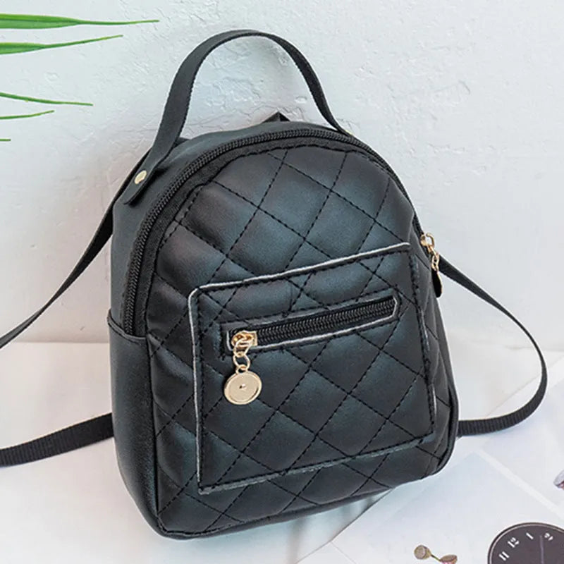 Girls' hard PU backpack with Korean embroidery in black, vertical square shape with soft carry handle