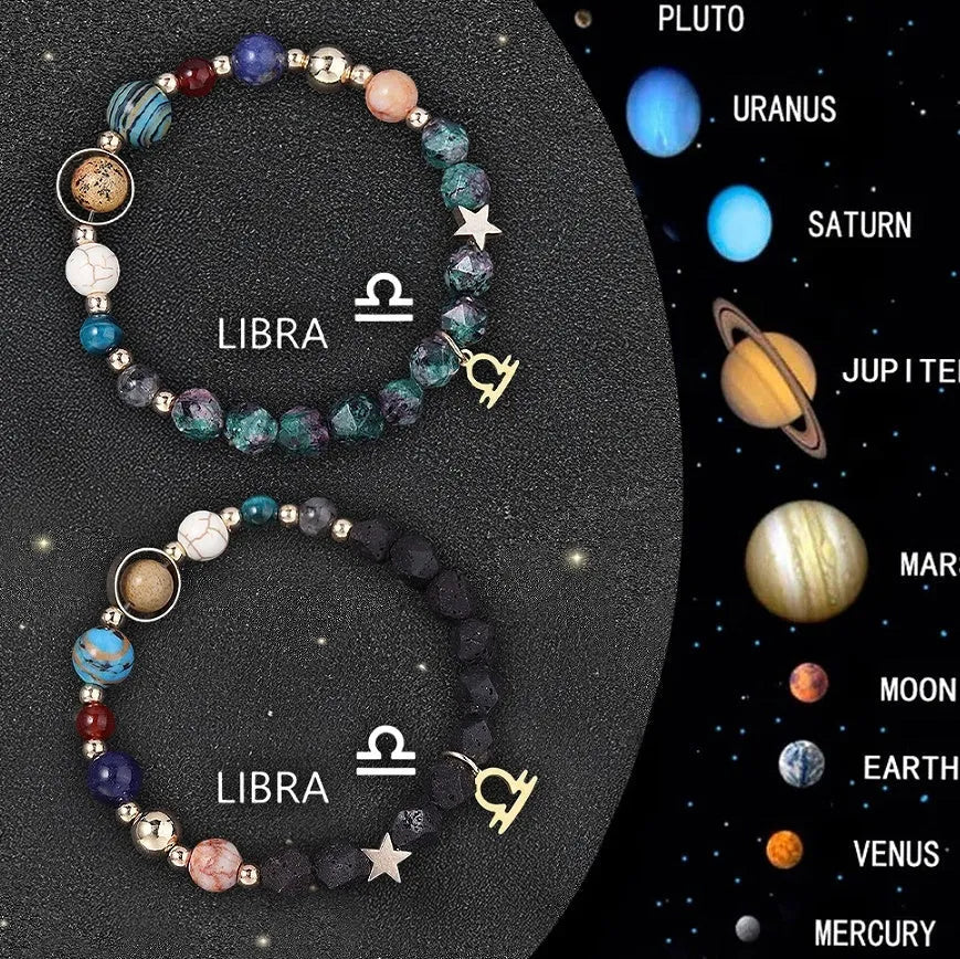 Set of two natural stone beaded bracelets showing zodiac sign designs on a cord.