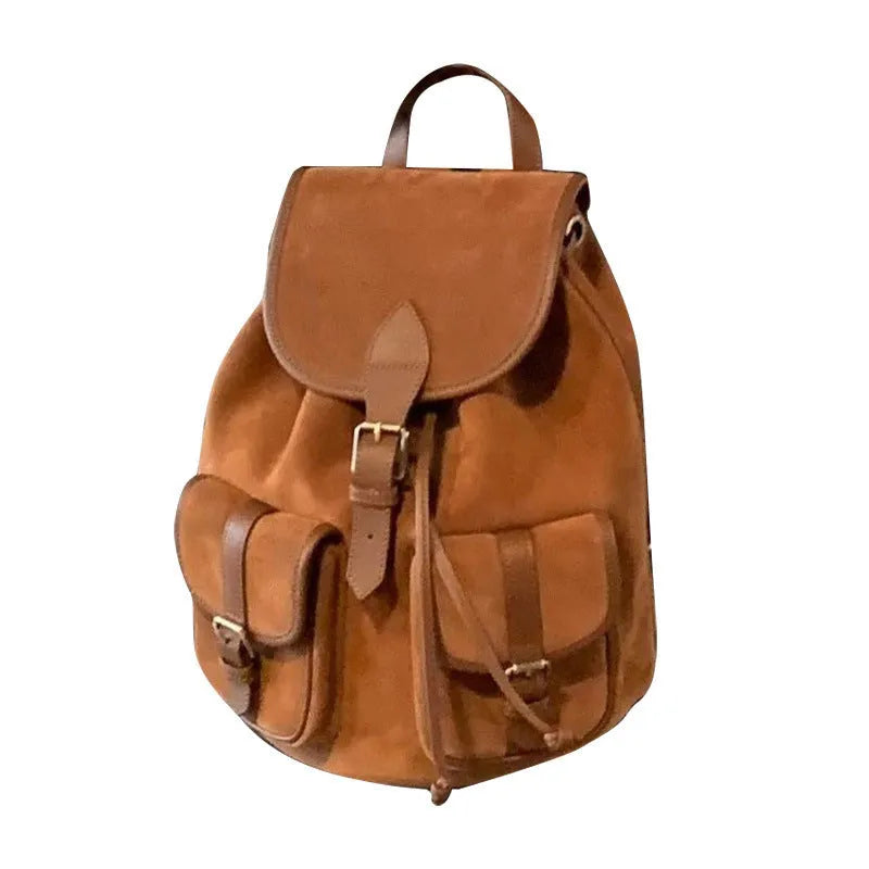 Women's light brown velvet frosted backpack with flap closure and double shoulder straps