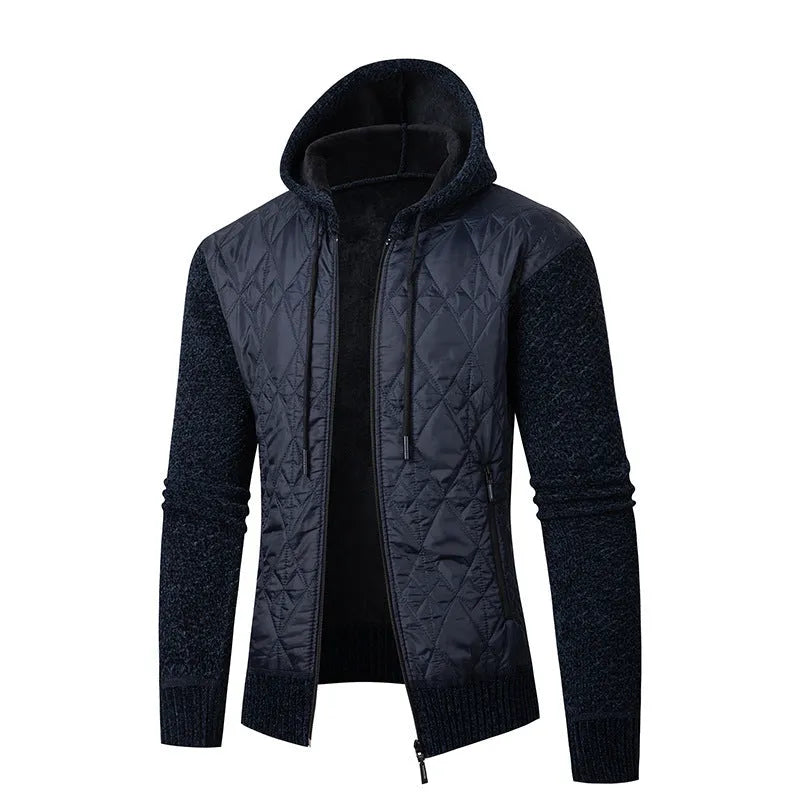 Men's grey hooded corduroy sweater coat with cinched style and wool construction