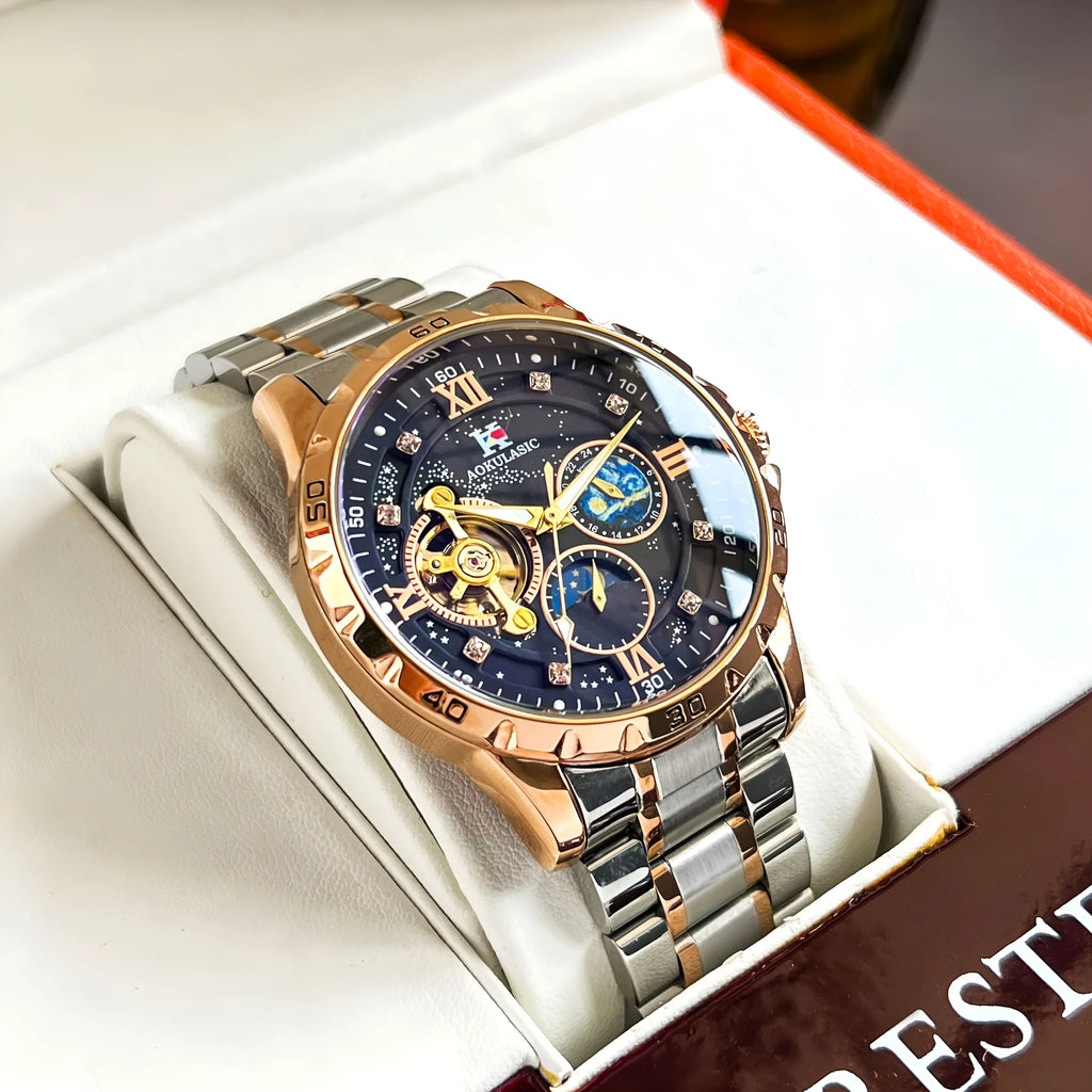 Men's automatic mechanical watch with rose gold case, black dial, and large multifunctional display