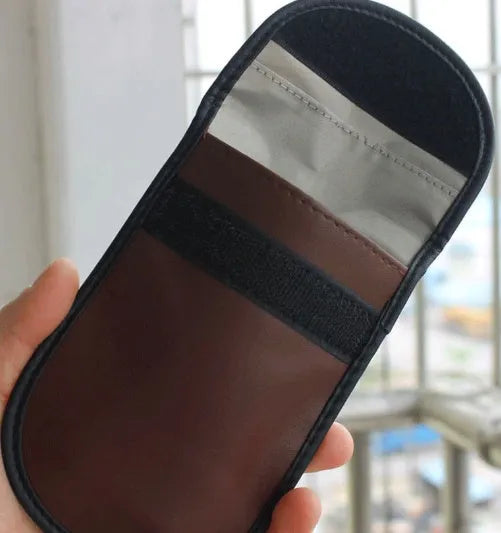 Black microfiber faraday cage signal blocking pouch for car keys and cards measuring 13.5 by 9.5 cm