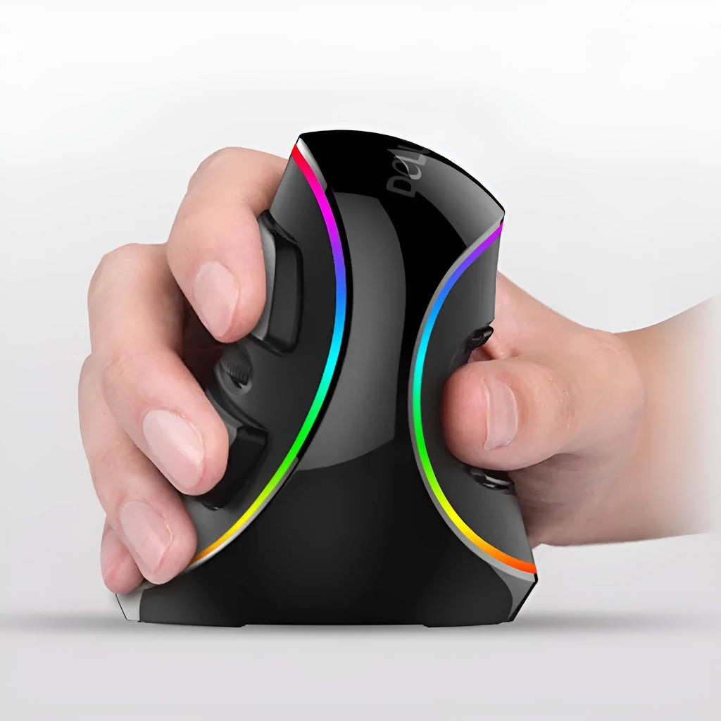 Vertical ergonomic snail RGB wired computer mouse showing distinctive upright shape and lighting effects
