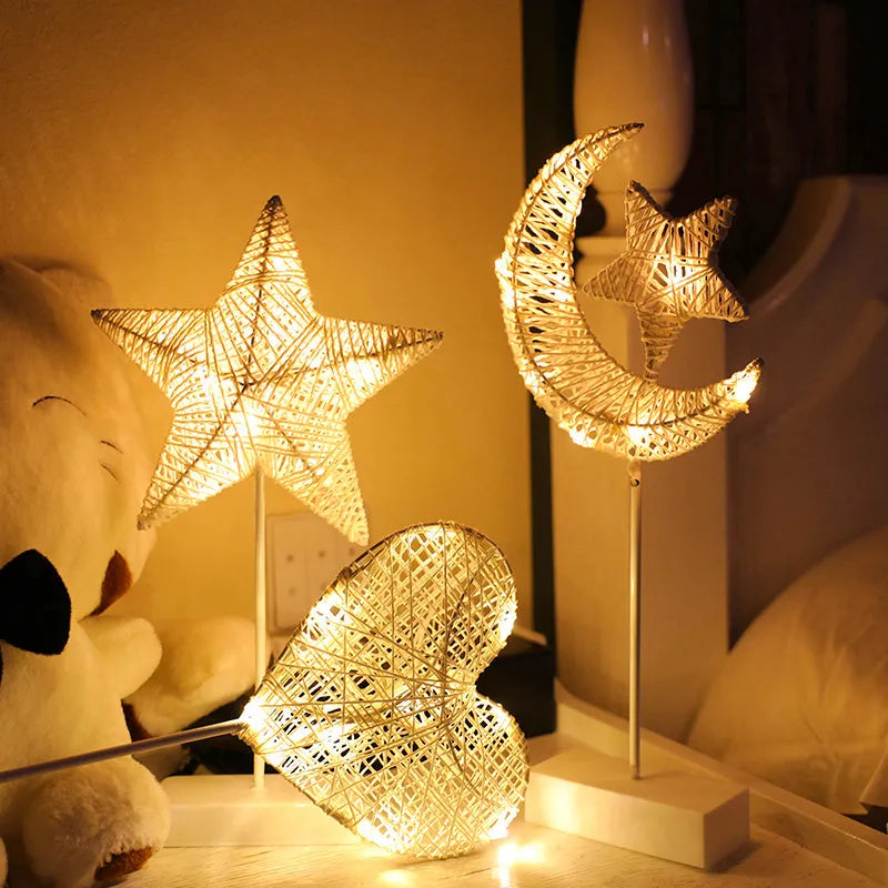 Rattan decorative LED star lamp and love heart lamp with battery power for bedroom decoration