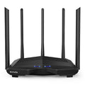 Black AC11 wireless router showing gigabit ports, with UK plug style.