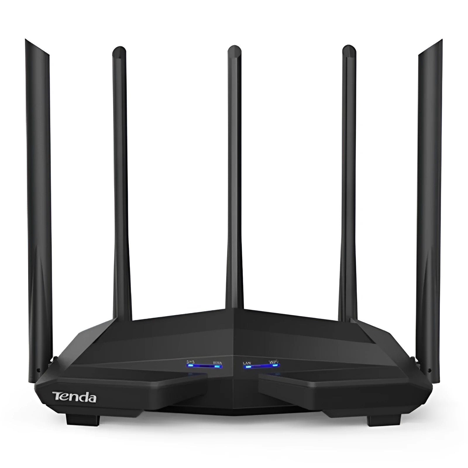 Black AC11 wireless router showing gigabit ports, with UK plug style.