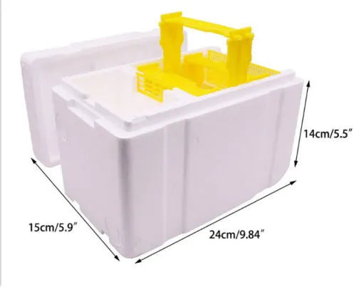 Three white EPS foam bee delivery boxes measuring 110x110x80mm for queen introduction and colony management
